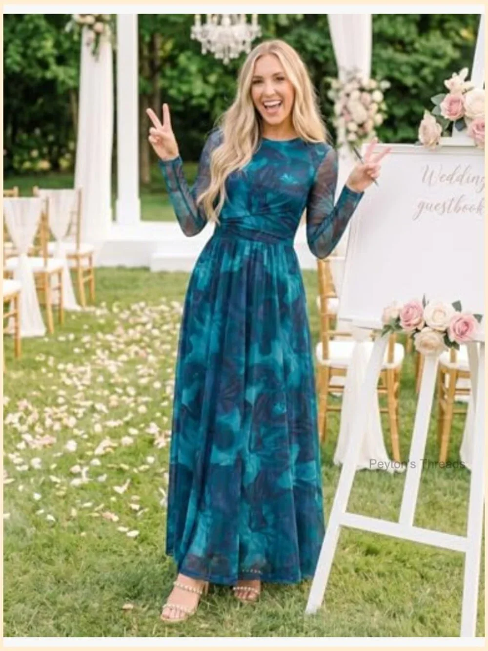 Long Sleeve Maxi Dress with Floral Print, Crewneck, Ruched Waist, Mesh - Picture 3 of 7